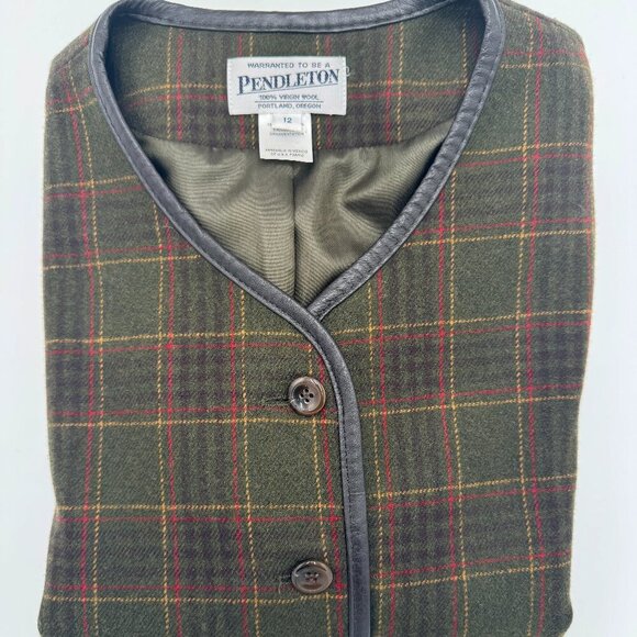 Pendleton Wool Green Plaid Lined Jacket Blazer Faux Leather Trim - 12 - Picture 7 of 9